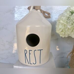 RAE DUNN ceramic birdhouse “REST” Like new